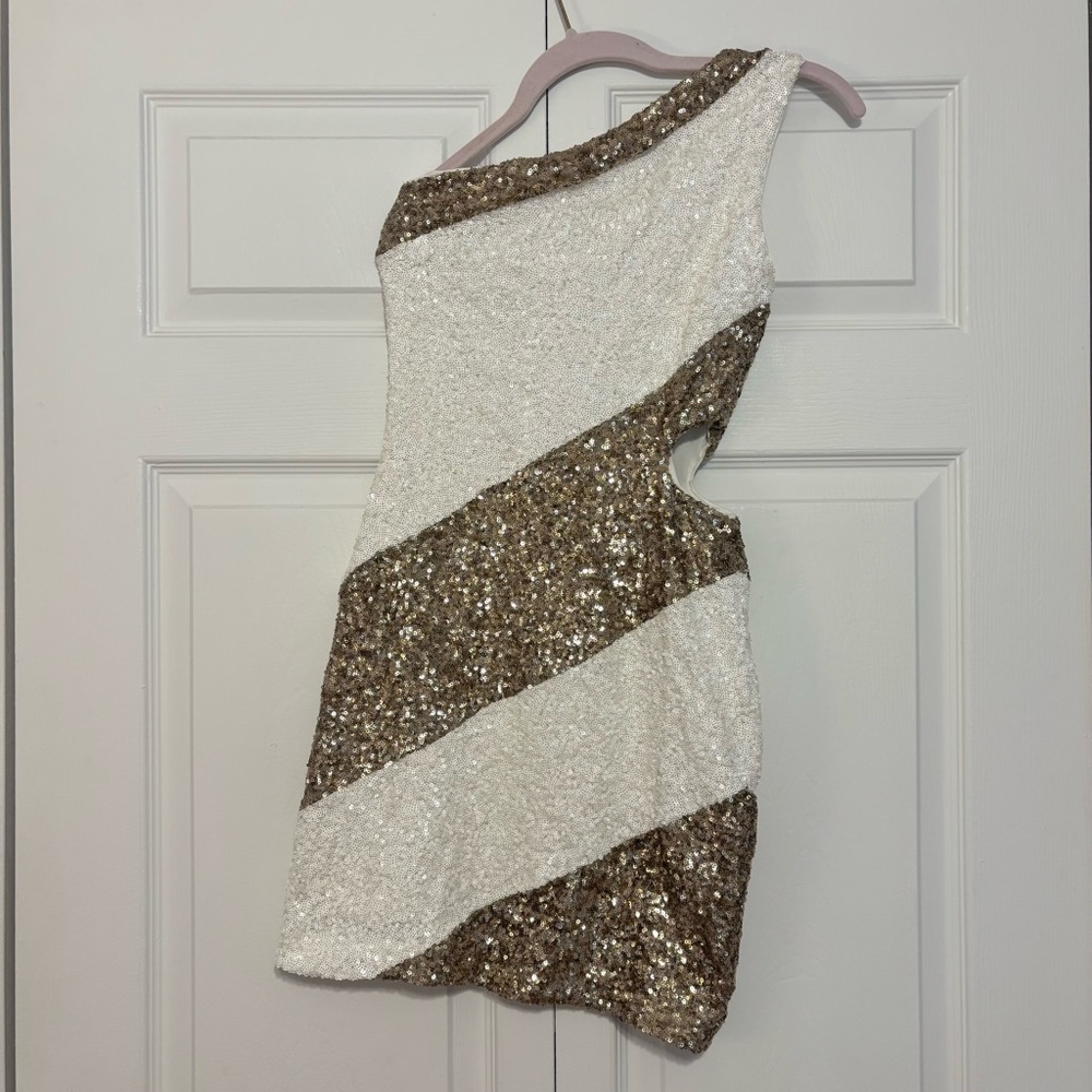 bebe One Shoulder Dress with White and Gold Sequins